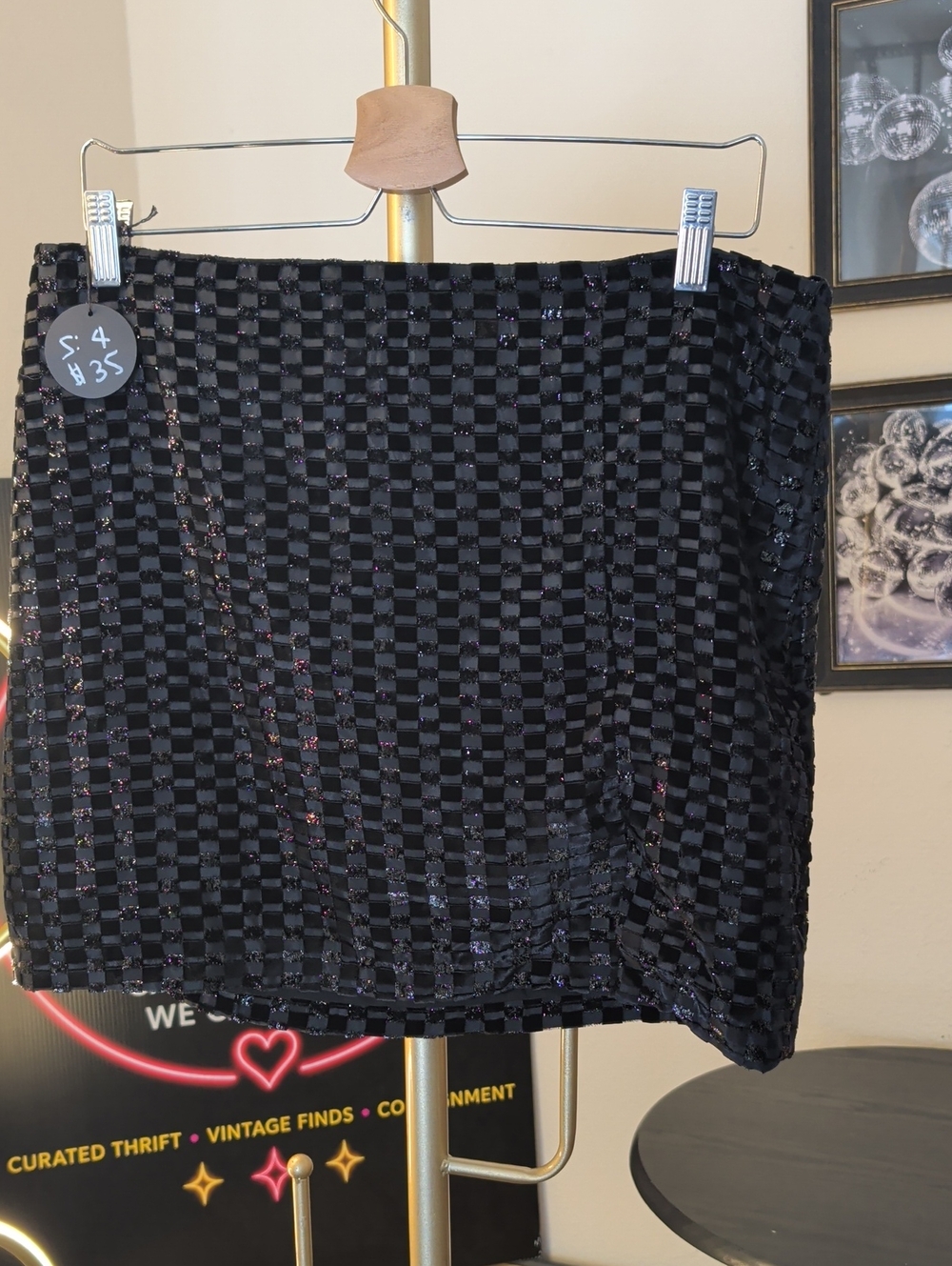 House of Harlow 1960 Black Check Sequin Mini Skirt